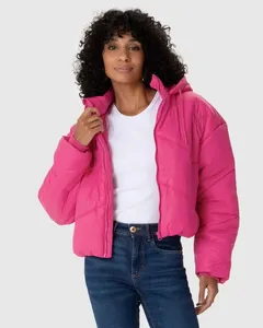 Jaqueta Feminina Puffer Cropped Com Capuz Em Nylon Rosa - P