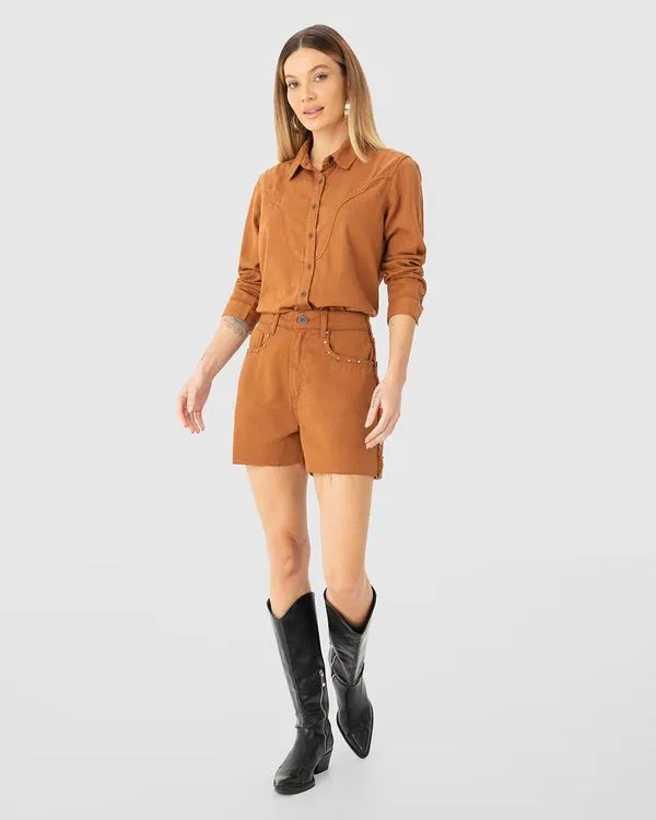 Camisa Feminina Manga Longa Recorte Frontal Em Sarja Leve - ENFIM Marrom - GG
