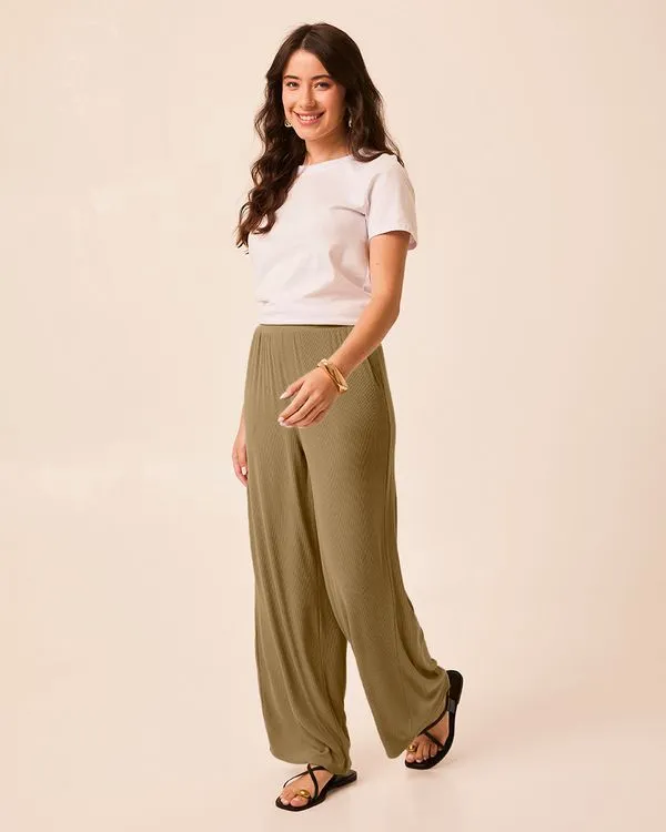 Calça Wide Leg Feminina Cós Elástico Bolso Faca Em Malha Viscose Canelada Marrom - G