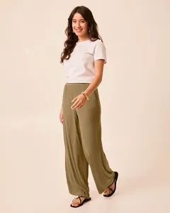 Calça Wide Leg Feminina Cós Elástico Bolso Faca Em Malha Viscose Canelada Marrom - PP
