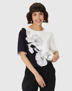 Blusa Box Feminina Estampada Manga Curta Em Viscose Preto - G