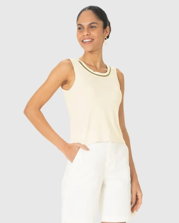 Regata Feminina Estampada Decote U Retilínea Em Malha Viscolinho Stretch Off White - M