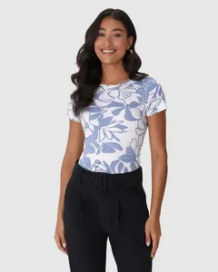 Blusa Básica Feminina Estampa Floral Manga Curta Em Malha Viscolinho Stretch Azul - M