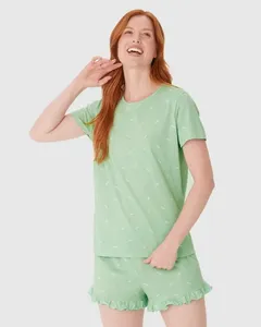 Pijama Curto Feminino Estampado Shorts Barra Picot Em Algodão Verde - XGG