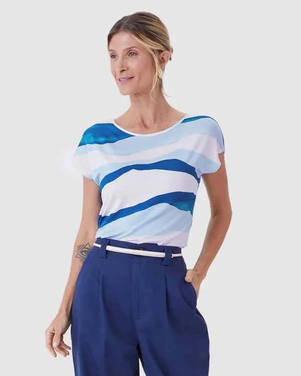 Blusa Feminina Manga Curta Estampa Digital Em Viscose Stretch Off White - XGG