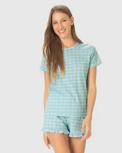 Pijama Curto Feminino Estampado Shorts Barra Picot Em Algodão Azul - M