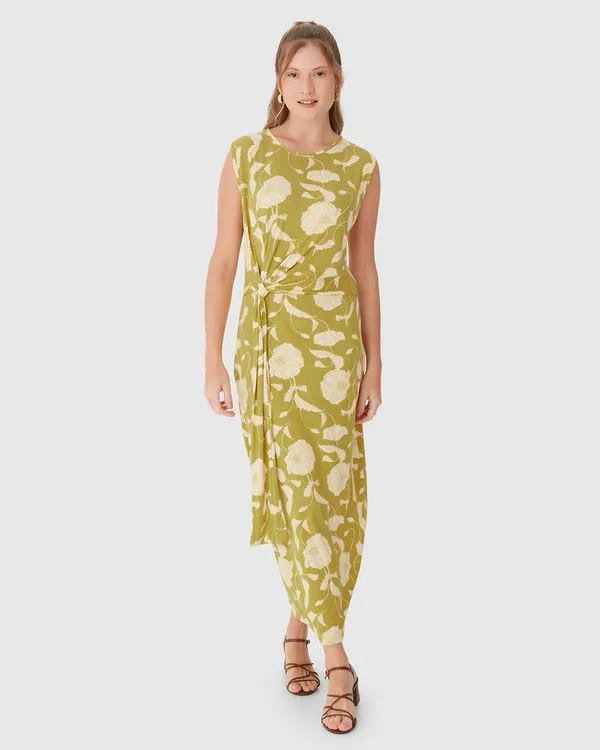 Vestido Midi Feminino Estampado Faixa E Nó Frontal Em Malha Viscolinho Stretch Verde - XGG