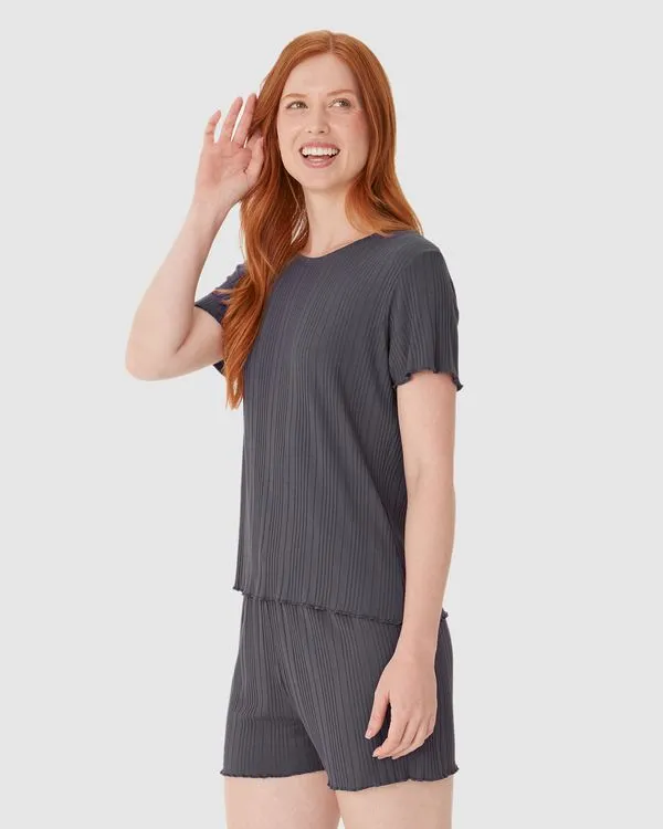 Pijama Curto Feminino Blusa Manga Curta E Shorts Em Malha De Viscose Canelada Cinza - G