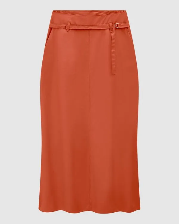Saia Midi Feminina Evasê Com Cinto Em Crepe - ENFIM Laranja - M