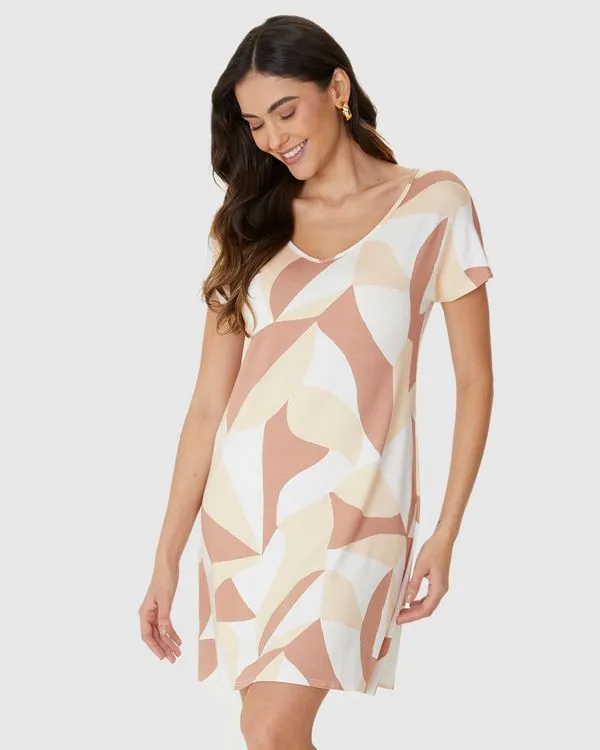 Vestido Feminino Evasê Estampado Decote V Manga Curta Em Viscose Stretch Off White - M