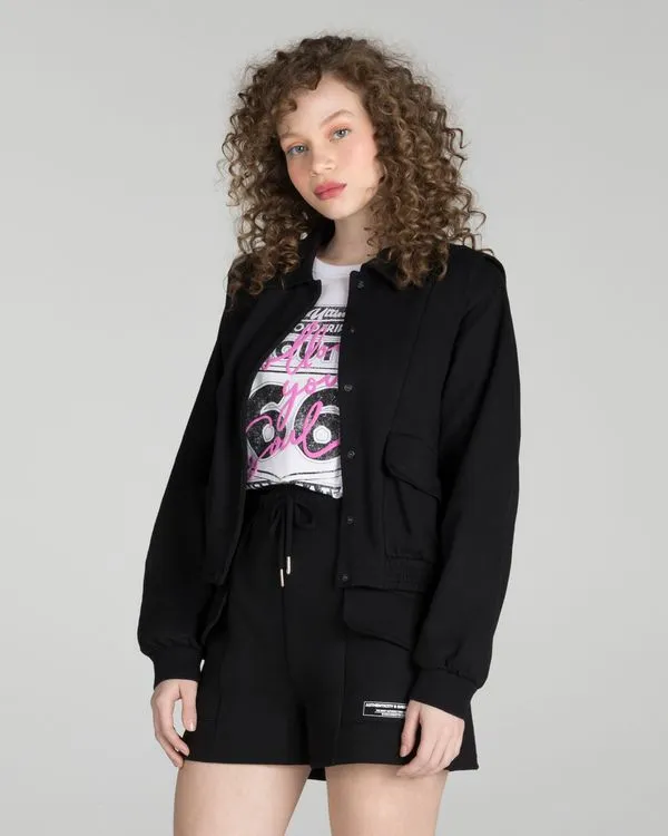 Jaqueta Oversized Feminina Com Recortes Em Moletom - Enfim Preto - PP