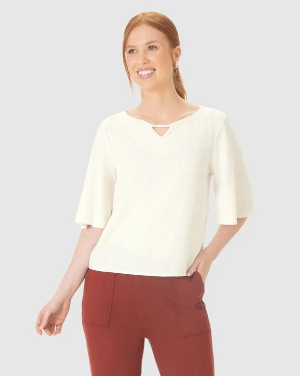 Blusa Bata Feminina Decote Detalhe Vazado Em Viscolinho Texturizado Off White - PP