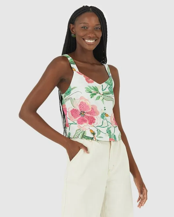 Regata Feminina Floral Abertura Frontal Por Botões Em Viscose Off White - G
