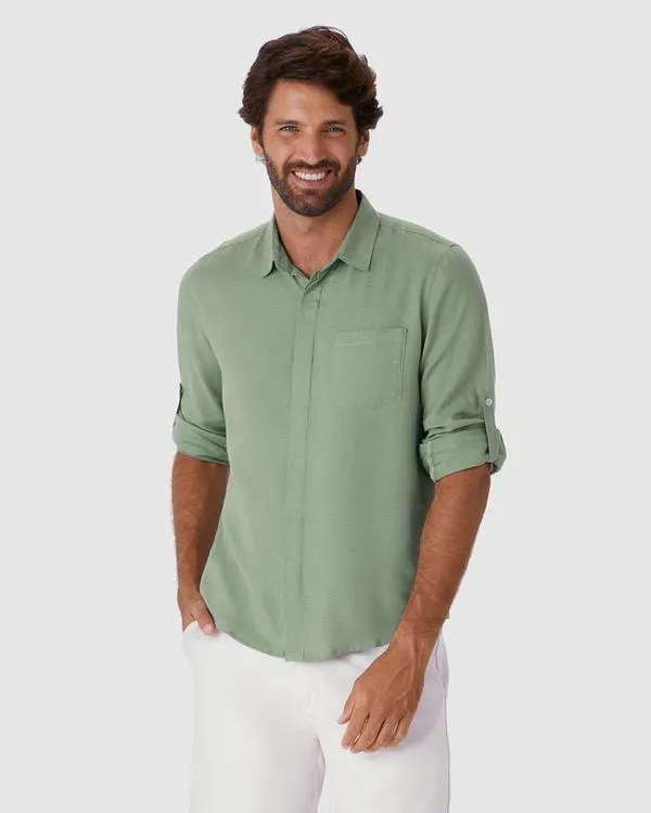 Camisa Masculina Regular Manga Longa Em Viscolinho Verde - XGG