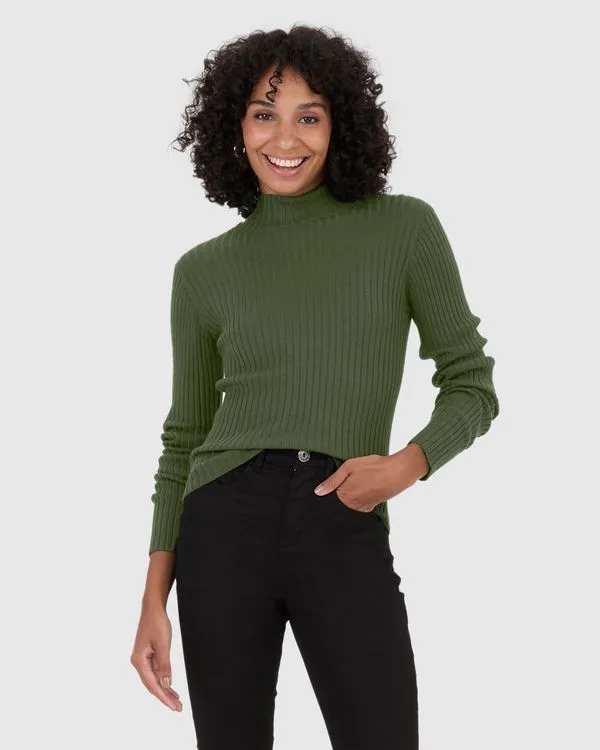 Blusa Básica Feminina Justa Gola Alta Em Tricô Canelado Verde - P