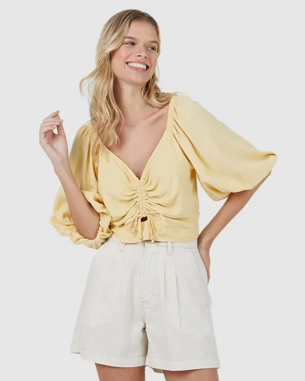 Blusa Feminina Estampada Manga 3/4 Em Viscolinho Amarelo - GG