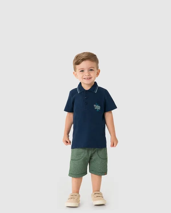 Conjunto Menino Bermuda Cadarço Funcional Em Moletom Piquet - Carinhoso Azul - 6