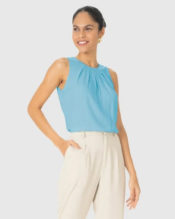 Regata Ampla Feminina Pregas Frontais Em Viscose Sarjada Azul - P