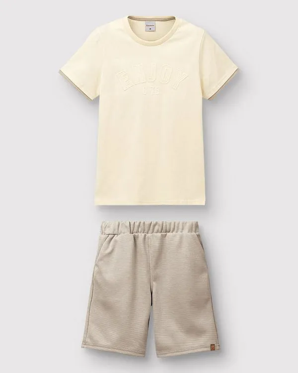 Conjunto Menino Camiseta Bordado Enjoy Em Algodão - Carinhoso Off White - 10