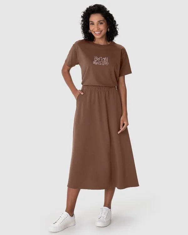 Saia Midi Feminina Bolso Funcional Em Malha Suedine Premium Marrom - P