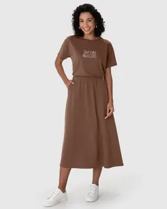 Saia Midi Feminina Bolso Funcional Em Malha Suedine Premium Marrom - P
