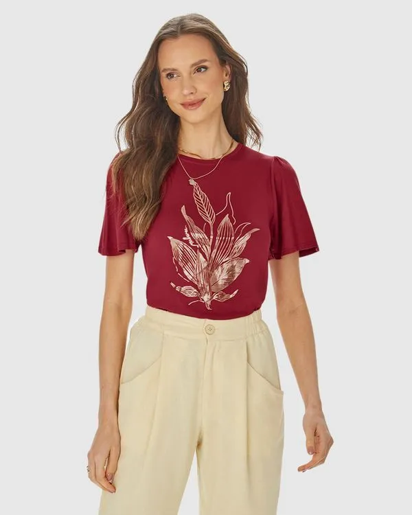Camiseta Feminina Estampa Foil Manga Franzida Em Viscose Stretch Vermelho - P
