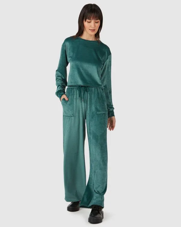 Calça Básica Feminina Wide Leg Em Veludo Canelado Verde - P