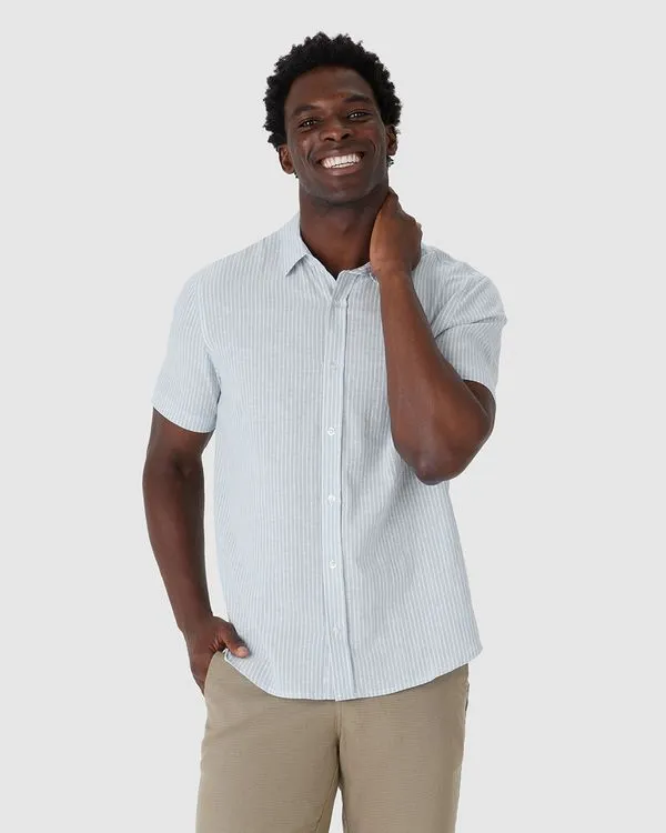 Camisa Masculina Padrão Listrado Em Linho Com Algodão Azul - P