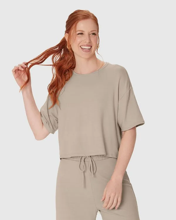 Blusa Ampla Feminina Manga Curta Em Malha Tweed E Moletinho Cinza - M
