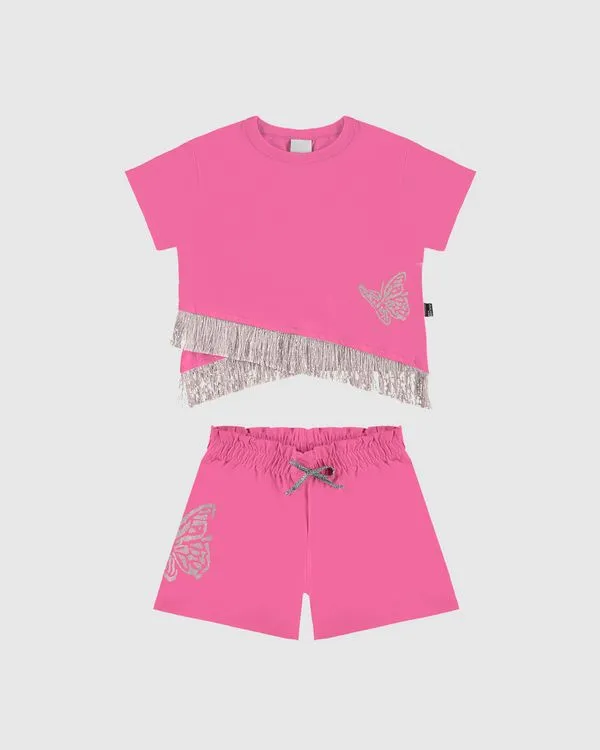 Conjunto Infantil Menina Blusa Com Franjas Brilho - Carnaval Malwee Kids Rosa - 16