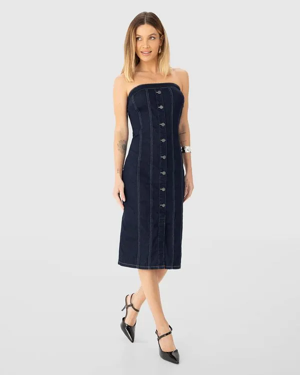Vestido Midi Feminino Sem Alças Em Jeans Com Elastano - ENFIM Azul - M