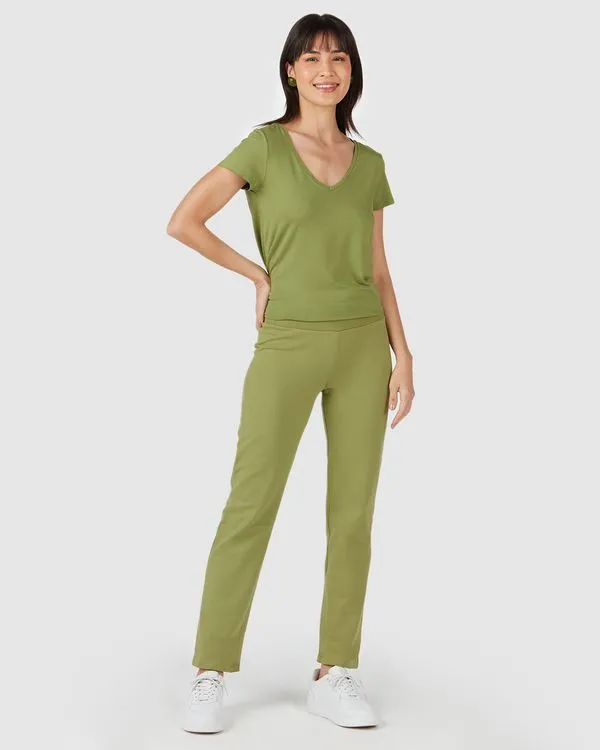 Calça Básica Feminina Cós Elástico Em Moletom Stretch Flanelado Verde - XGG