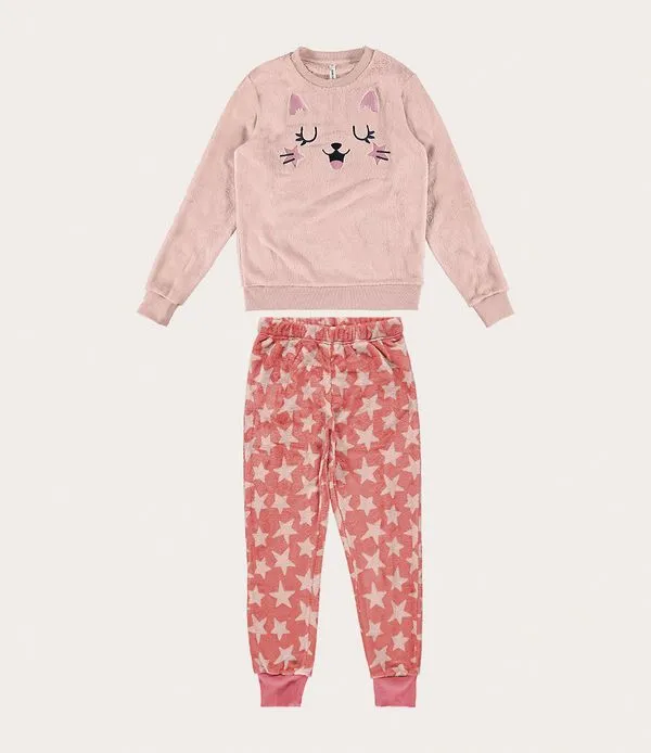 Pijama Feminino Bordado Gato Em Fleece Rosa - GG