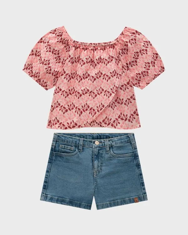 Conjunto Menina Blusa Em Tecido Bordado - Carinhoso Rosa - 4