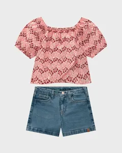 Conjunto Menina Blusa Em Tecido Bordado - Carinhoso Rosa - 4