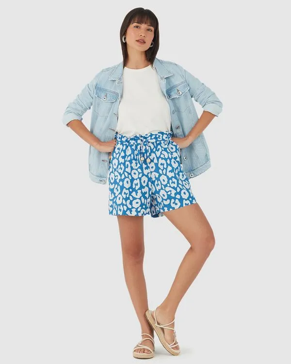 Shorts Clochard Feminino Animal Print Em Viscolinho Sustentável Azul - P