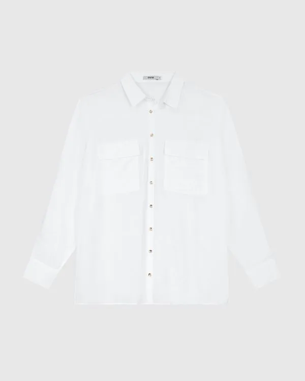 Camisa Feminina Utilitária Bolso Frontal Em Tecido Acetinado - ENFIM Branco - GG