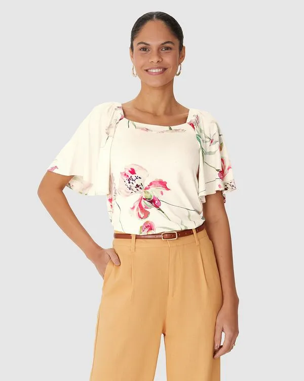 Blusa Feminina Estampada Decote Reto Em Malha Viscolinho Stretch Off White - G