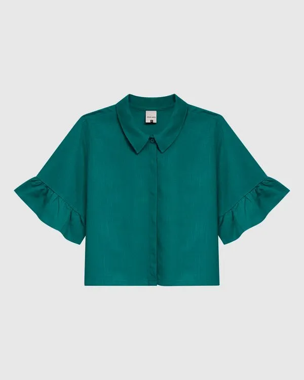 Camisa Cropped Feminina Manga Com Babado Em Viscolinho Verde - PP
