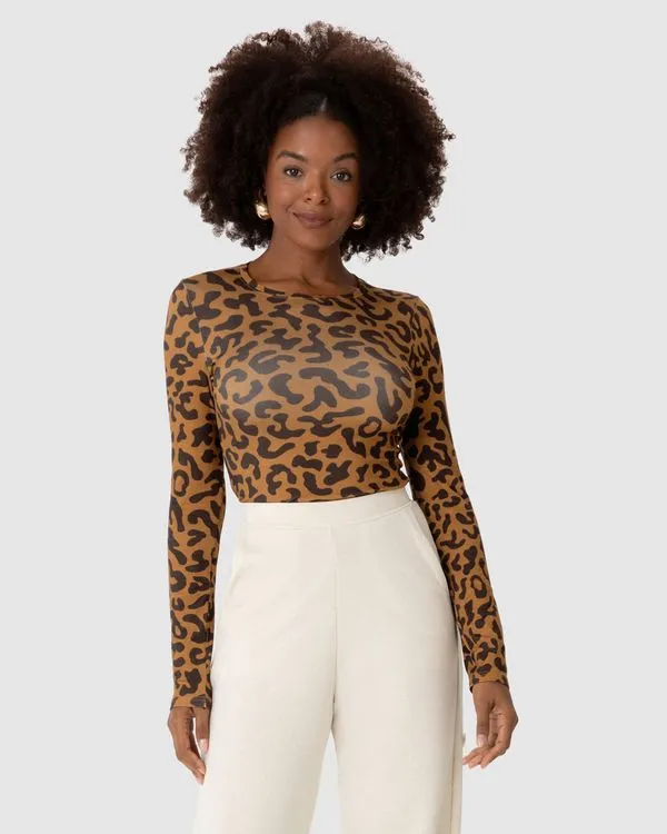 Blusa Feminina Animal Print Decote Redondo Manga Longa Em Viscose Stretch Marrom - P