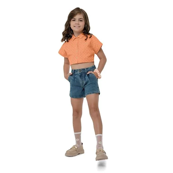 Shorts Menina Pregas Frontais Em Jeans Stretch Carinhoso Azul - 8