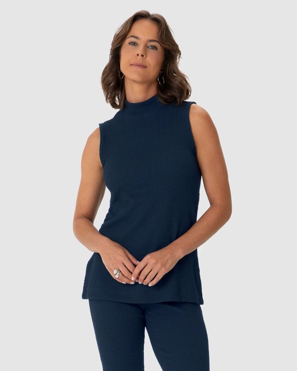 Regata Feminina Alongada Gola Alta Fenda Lateral Em Malha Texturizada Azul - GG