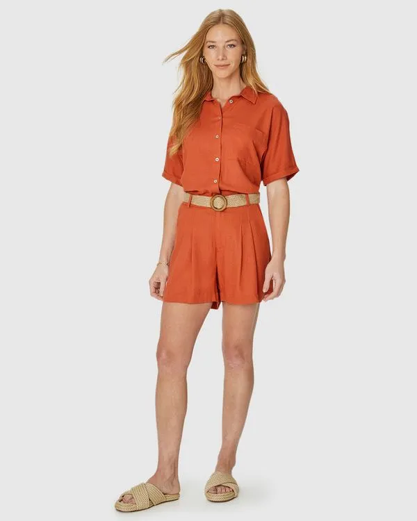 Shorts Alfaiataria Feminino Com Cinto Em Viscolinho Laranja - G