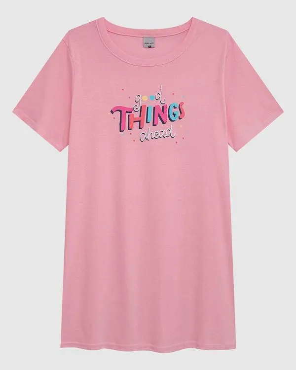 Camisola Feminina Estampa Frontal Em Malha Algodão Rosa - GG