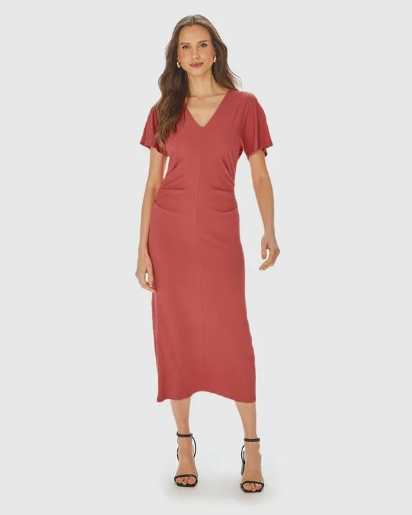 Vestido Midi Feminino Pregas Na Cintura Em Malha Viscose Canelada Rosa - M