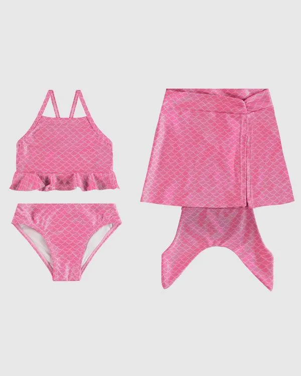 Biquíni Infantil Menina Saia Cauda Sereia Em Malha Glitter UV50+ Malwee Kids Rosa - 3