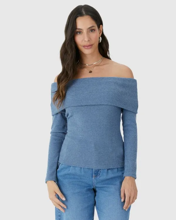 Blusa Feminina Decote Ombro A Ombro Manga Longa Em Tricô Rajado Flanelado Azul - M