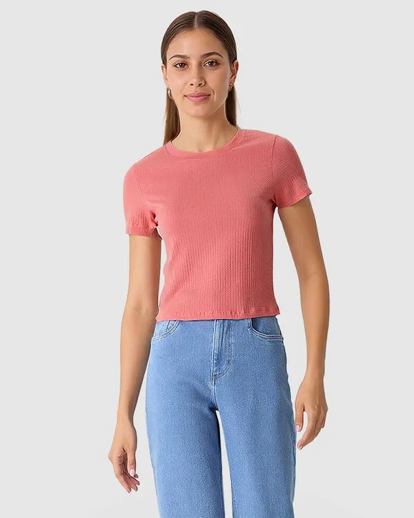 Blusa Cropped Feminina Decote Redondo Manga Curta Em Malha Texturizada Rosa - P