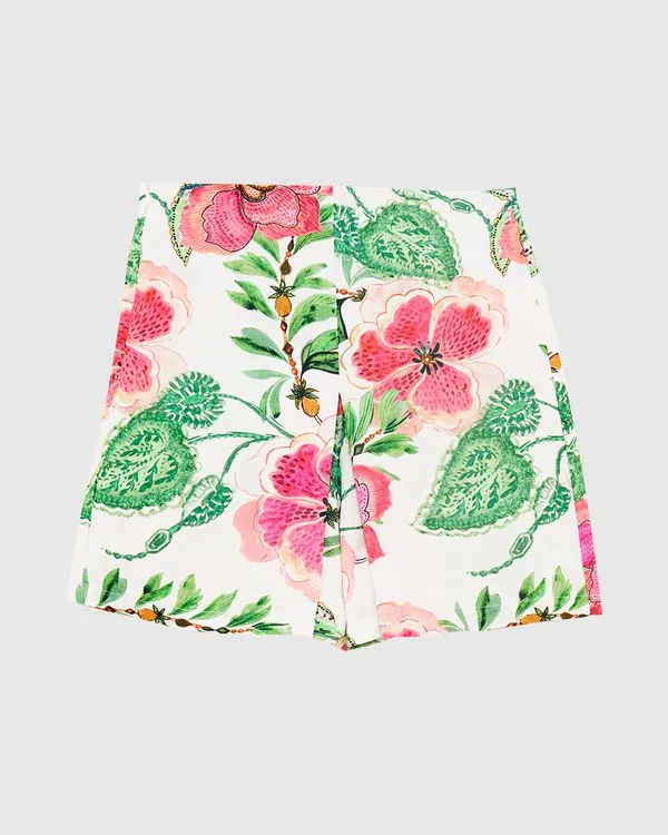 Shorts Feminino Floral Com Pregas Em Viscose Off White - P
