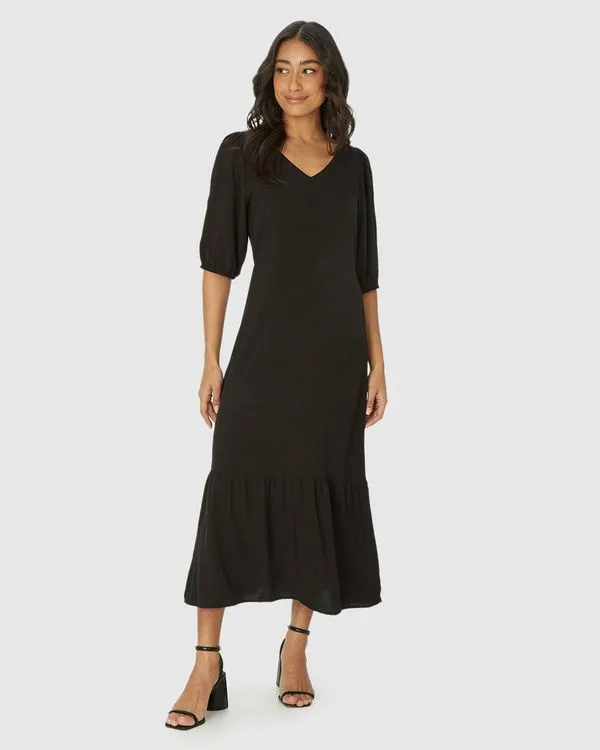 Vestido Midi Feminino Marias Manga 3/4 Em Viscose Preto - G
